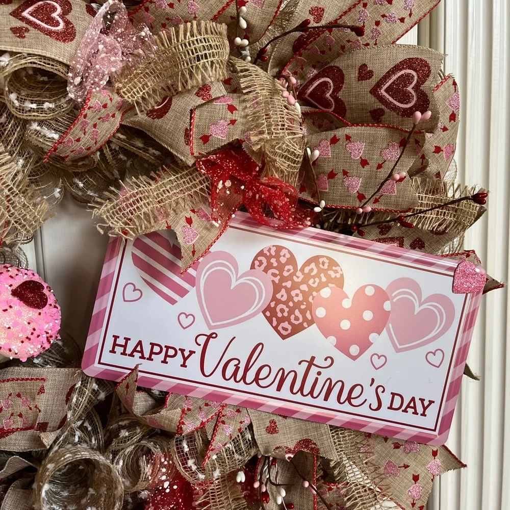 HUGE Valentines Day Wreath 28” Burlap Farmhouse Rustic Pink Red Hearts XLARGE